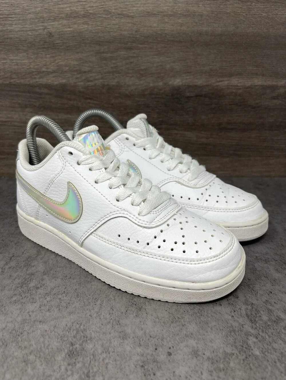 Nike Court Borough Low 2 Kids Size 5 White Iridescent Leather Casual Sneakers